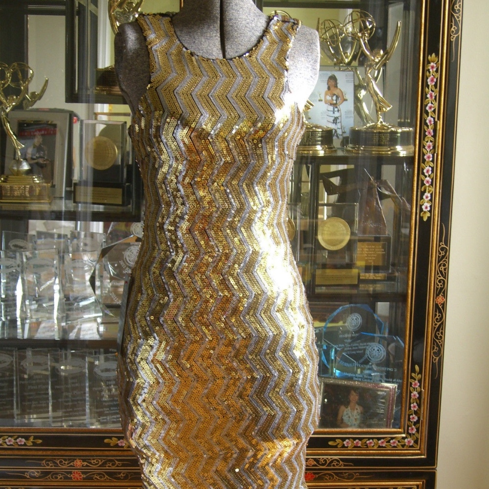NWT BEBE ADDICTION GOLD AND SILVER SEQUIN DRESS S
